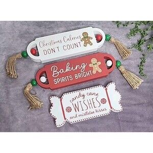 Gingerbread Man Candy Cane Christmas Calories Baking Signs 3 Pc Wooden Tabletop